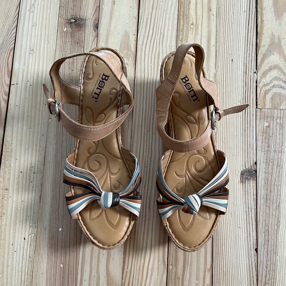Born D58141 Tan Leather Cork Wedge Sandals Multi Color Knot Ankle Strap Womens 9 - Picture 6 of 8